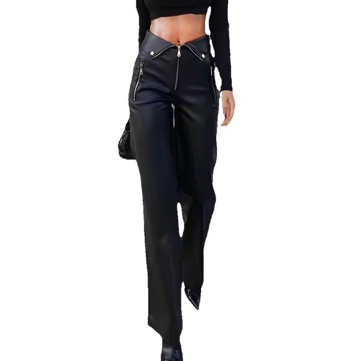 Pantalones de Cintura Alta Individualistas de Moda Pantalones de Cuero PU con Cremalleras de Metal para Discotecas - 1