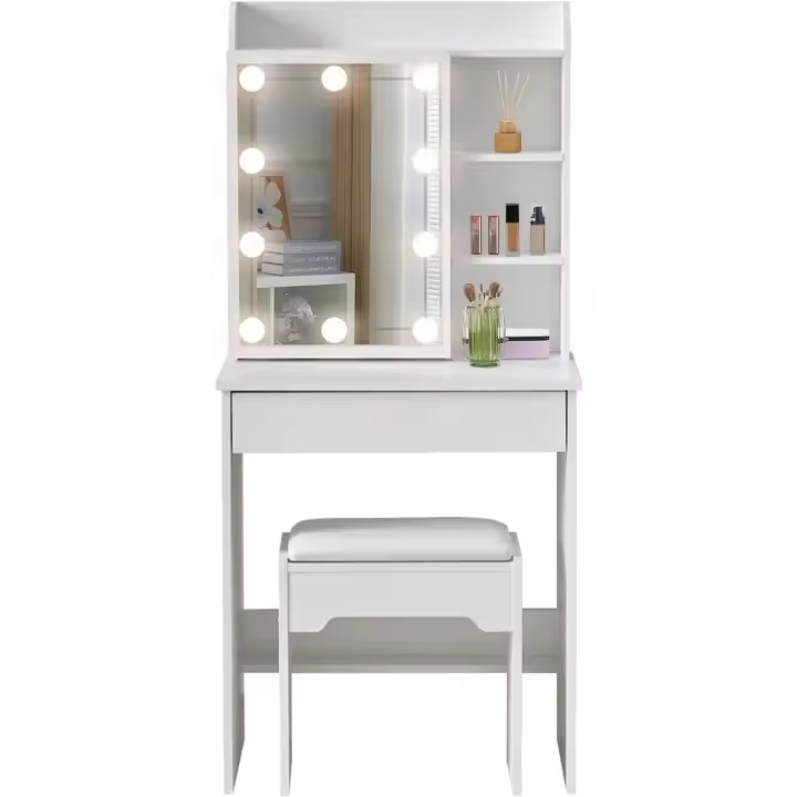Tocador con espejo LED y taburete, mesa de maquillaje con 7 estantes y 1 cajón grande para organizador de dormitorio - 1