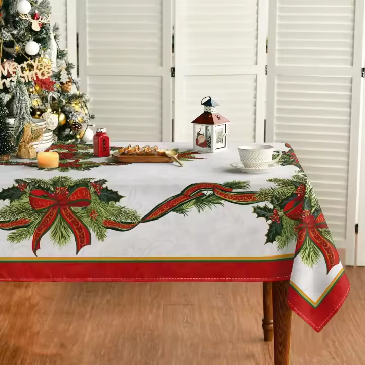 Manteles rectangulares con cinta de seda roja de Pascua navideña, manteles para mesa de fiesta de boda, decoración navideña, 2025 - 1