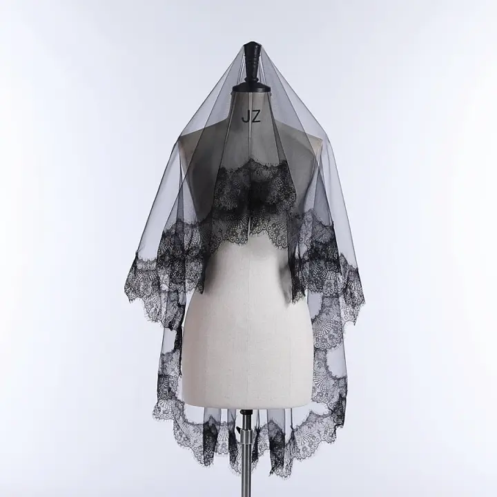 Recién llegado, velos de novia de una capa para mujer y niña, Mantilla negra, velo de Boda con adorno de encaje, disfraz de Halloween, Cosplay, novia, Boda 2025 - 1