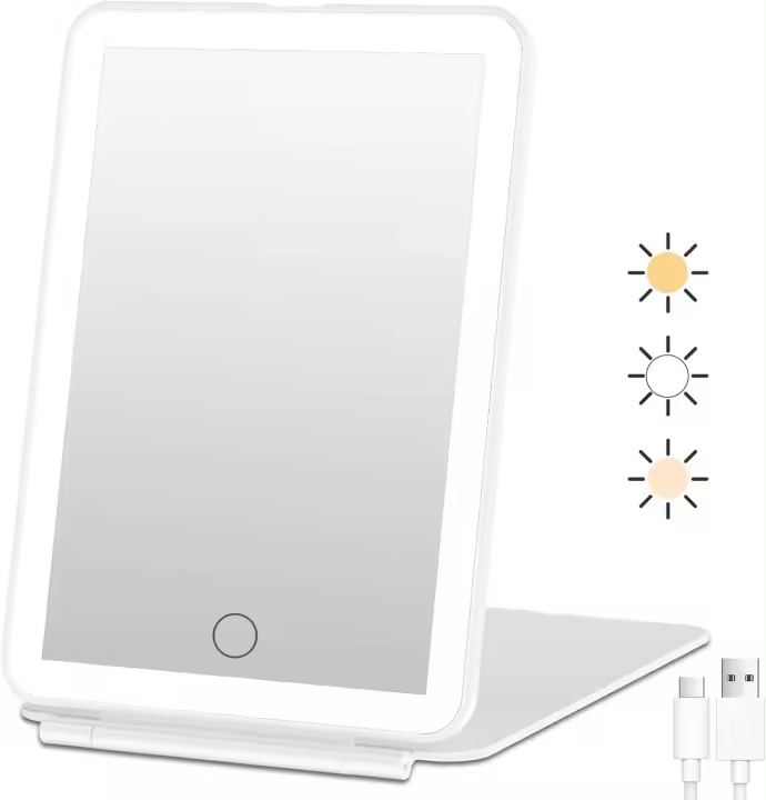 Espejo de tocador de maquillaje de viaje recargable, iluminación de 3 colores, pantalla táctil regulable, espejo cosmético LED de mesa con luces - 1