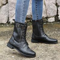 Botines de punta redonda con cordones para mujer, botas militares de combate de tacón bajo de media pantorrilla, botines de equitación - details 11