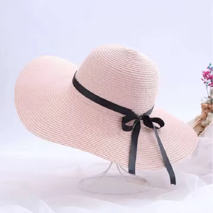Gorras de playa para mujer, gorro de paja con lazo grande y ancho para verano, sombrero para el sol - 1