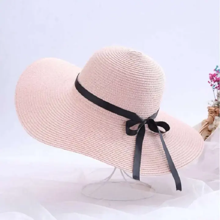 Gorras de playa para mujer, gorro de paja con lazo grande y ancho para verano, sombrero para el sol - 1