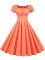 Summer women puff sleeve casual vintage party solid elegant midi dress - details 7
