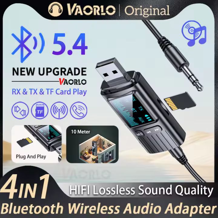 Transmisor y receptor de Audio con Bluetooth 5,4 para coche, adaptador inalámbrico AUX LED de 3,5mm, compatible con tarjeta TF para TV, PC, Kit de auriculares con micrófono - 1