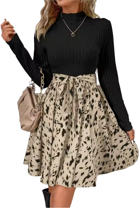 Elrachen Vestido acampanado con cinturón y estampado de retazos de punto acanalado para mujer, negro, tallas S-XL - 1