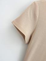 Vestido básico de manga corta de color sólido ajustado de estilo europeo y americano para mujer con cintura y cuello medio alto delgado Empalme de una palabra falda de swing grande - details 10