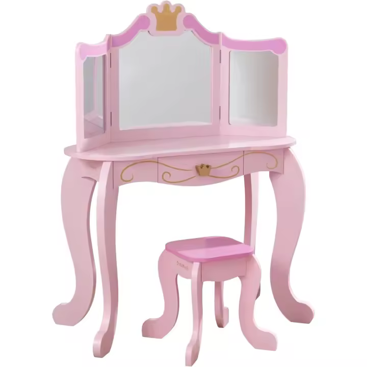Juego de tocador de Maquillaje Infantil Princesa con Espejo y Taburete de Madera, Muebles para Salas de Juego y Dormitorio de niños - 1