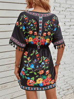 Vestido de vacaciones corto ceñido a la cintura con temperamento estampado de estilo étnico 2025 - details 7