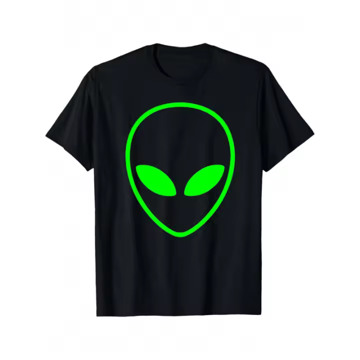 Camiseta con gráfico de cabeza de extraterrestre verde, 100% algodón, cuello redondo informal, corte regular, adecuada para adultos, camiseta de verano. - 1