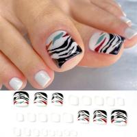 Juego De 24 Piezas Uñas Postizas De Acrílico Con Borde Blanco Y Flor Artísticas Para Pies Uñas Press on Removibles Para Fiestas - details 14