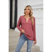 Camiseta de mujer primavera otoño cuello en V color sólido top suelto mujeres 90s coreano reseñas mucha ropa - details 5