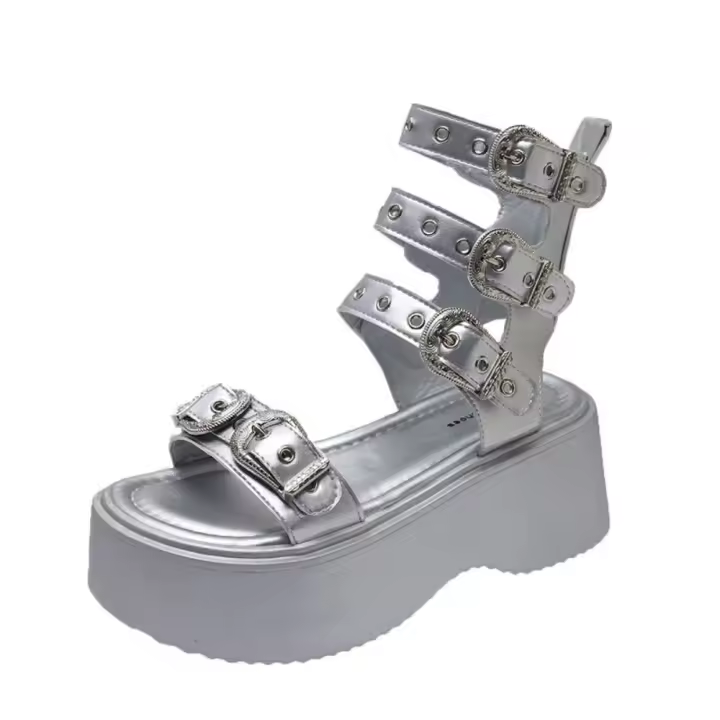 Sandalias Plateforma de Plata para Mujer 2025 Verano Versátiles Zapatos de Muffin de Moda con Suela de Caña Alta - 1