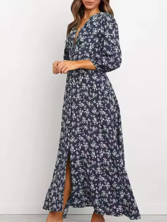 Vestido Elegante Vintage de Mujer Junxi Wan Manga Larga con Estampado Floral en Chifón A-Line Maxi Vestidos de Otoño - 1
