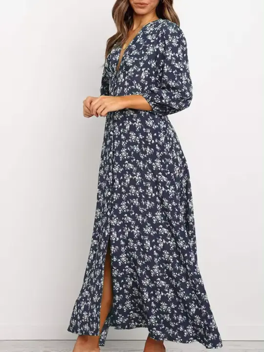 Vestido Elegante Vintage de Mujer Junxi Wan Manga Larga con Estampado Floral en Chifón A-Line Maxi Vestidos de Otoño - 1