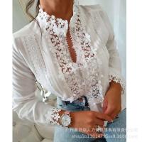 Mandylandy-Camisa Ence Blanca para Mujer, Manga Larga Informal con Costuras Florales, Top Elegante de Color sólido, Camisas de Verano - details 1