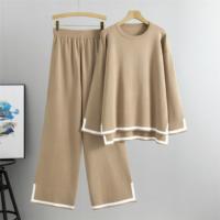 Traje tejido para mujer 2 Conjunto de ropa de mujer de Color sólido de manga larga，Traje de cuello redondo y pantalones sueltos - details 1