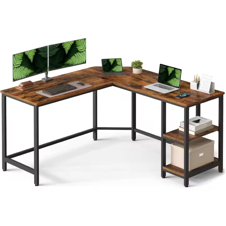 Ordenador, Escritorio de Esquina en Forma de L, Escritorio con 2 Estantes, Ahorra Espacio, para Juegos, Oficina Casa, Fácil de Montar, Greige y Negro LWD72MB - 1