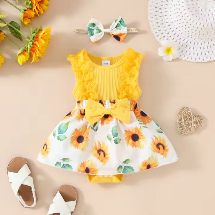 Vestido de Bebé Niña Flor Sin Mangas triangular Con Capucha, 0 a 1 Años, Encaje, Cinta corporal Para El Pelo, 2024 - 1