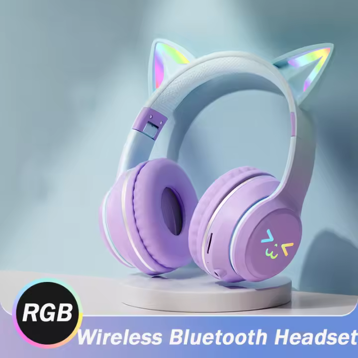Auriculares inalámbricos RGB con bonito gato para niñas, regalos para niños, auriculares con micrófono, estéreo, música, juegos, luces de Control - 1