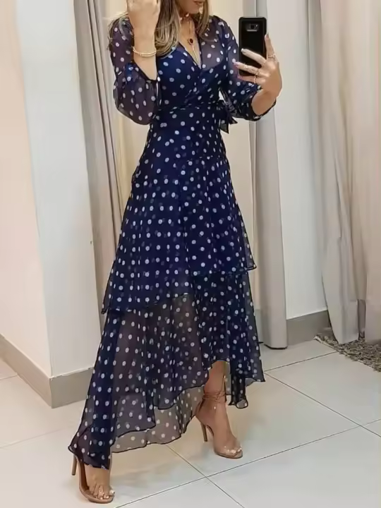 Vestido largo con volantes en capas para mujer, estampado de lunares, manga farol, elegante, a moda - 1