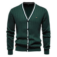 Suéter de manga larga con cuello en V para hombre, chaqueta de punto acanalada de color en contraste de moda - details 1