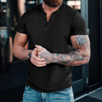 Camiseta de manga corta Henley para hombre, camisa informal de algodón, camisas Henley, M-6XL negro - details 5