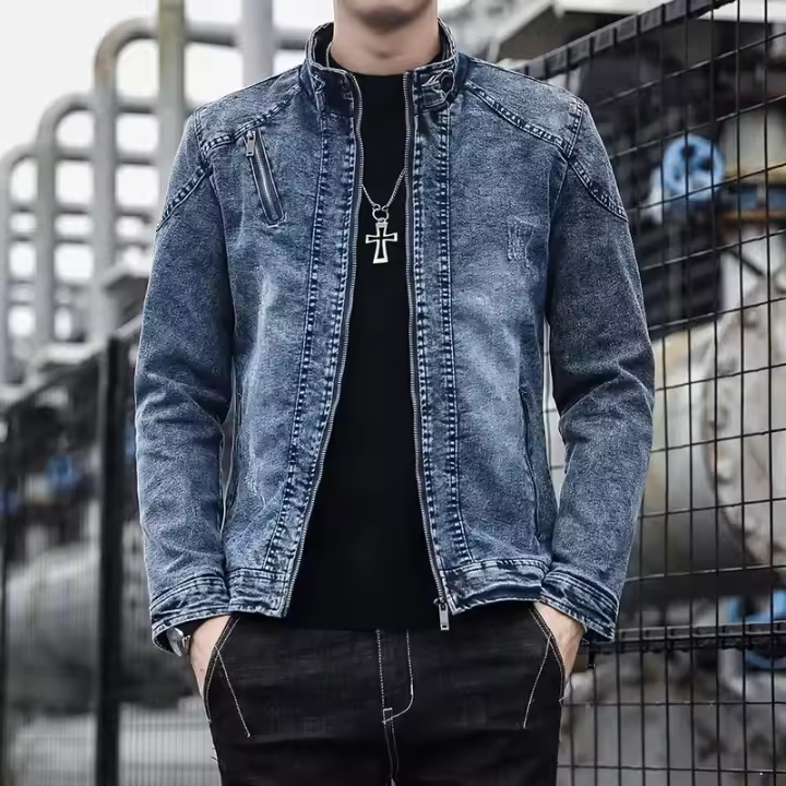 Chaqueta vaquera para hombre, camisa informal estampada azul claro a la moda, chaqueta vaquera negra, chaqueta de primavera para hombre de talla grande - 1