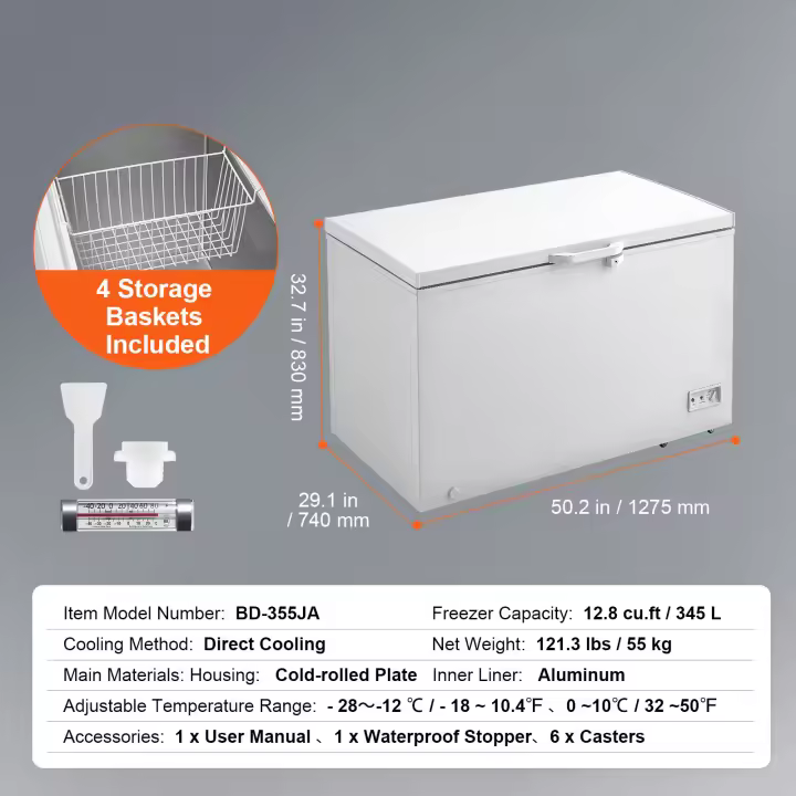 Congelador horizontal SucceBuy: capacidad de 12.8 pies cúbicos, 4 cestas extraíbles, ajuste de temperatura de 7 niveles, luz LED, 6 ruedas, tapa bloqueable para uso comercial y doméstico - 1