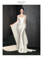 Vestido de novia ligero de satén, estilo francés, sensación sencilla y lujosa, acogedor y para salir con un vestido blanco sin tirantes - details 5