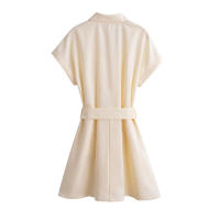 Vestido casual de verano para mujer, con botones, cinturón, manga corta, cuello de solapa, línea A, mini, para oficina. - details 1