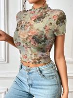 Nueva camiseta de manga corta elegante con estampado de malla, camisetas de manga corta con ribete de oreja de madera para mujeres - details 8