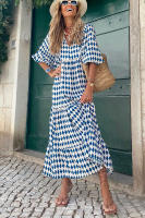 BUNO-Vestido largo bohemio con mangas abullonadas para mujer, vestido vintage elegante a la moda informal con estampado floral y cuello en V, vestidos holgados para fiesta en la playa y vacaciones - details 7