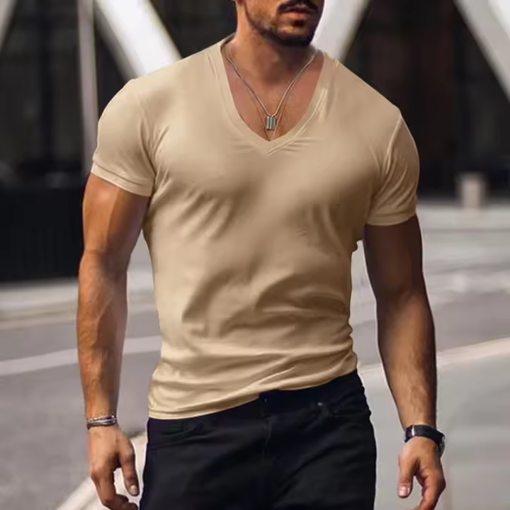 Camiseta de manga corta para hombre, camisa deportiva de secado rápido con cuello en V, color sólido, ropa informal de gran tamaño, verano - 1