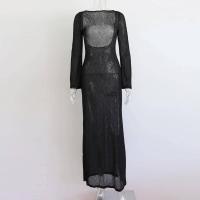 Vestido transparente con espalda abierta para mujer, ropa de verano ajustada de cintura alta, empalmado, mangas largas, Color sólido, playa - details 0