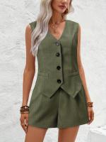 Conjunto Mujer 2025 - Chaleco Elegante con Botones y Shorts, Cuello en V, Tejido Transpirable - Moda Oficina y Casual - details 7