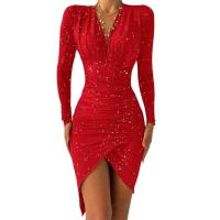 Elegante Vestido de Terciopelo para Midi Cuello en V, Manga Larga, Estampado de Cocodrilo, Abierto en la Pierna Ideal para Fiesta Nocturna y Banquete - details 3