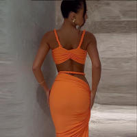 BUNO-Conjunto de 2 piezas de tejido para mujer, camisolas cortas plisadas lisas impresionantes + faldas largas de cintura alta, traje de vacaciones de tendencia femenina - details 6