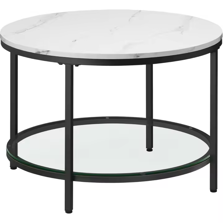Centro, Mesita de Salón, de Mármol de Imitación Redonda, Estante de Vidrio Templado, Montaje Fácil, Estilo Moderno, Blanco Mármol y Negro Tinta LCT071B13 - 1