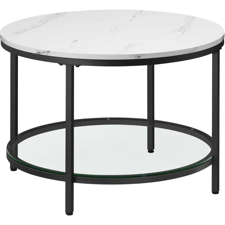 Centro, Mesita de Salón, de Mármol de Imitación Redonda, Estante de Vidrio Templado, Montaje Fácil, Estilo Moderno, Blanco Mármol y Dorado Claro LCT072W59 - 1