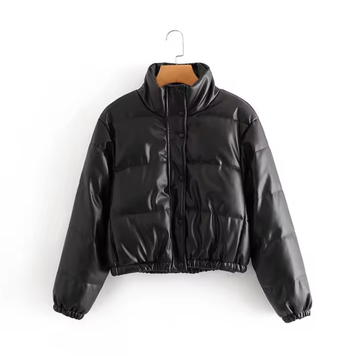 Chaqueta de cuero con cuello levantado para mujer, ropa de algodón de cuero, ropa de pan corta cálida, otoño e invierno, nuevo - 1
