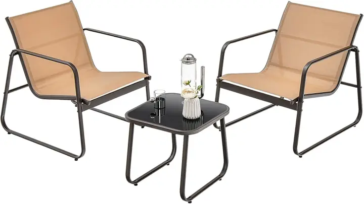 Juego de Muebles de Jardín 3 Piezas, Muebles de Balcón para 2 Personas, 2 Sillas de Tela Transpirable, Mesa de Café con Tablero de Vidrio Templado, para Jardín, Terraza (Marrón) - 1