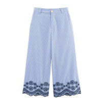 Conjunto de pantalones de pierna ancha para mujer, camisa a rayas con bordado hueco Retro francés, moda de verano - details 4