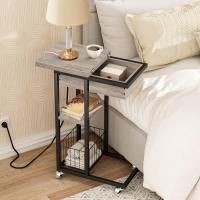 Mesa Auxiliar con Estación de Carga, Mesa de Centro Abatible en Forma de C con Ruedas y Estante de Almacenamiento, Puertos USB Tomas Corriente, para Salón Dormitorio, Greige y Negro EBG022SF01 - details 6