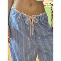 Pantalones holgados de pierna recta a rayas para mujer, moda coreana, cintura elástica, dobladillo empalmado, pantalones femeninos - details 6