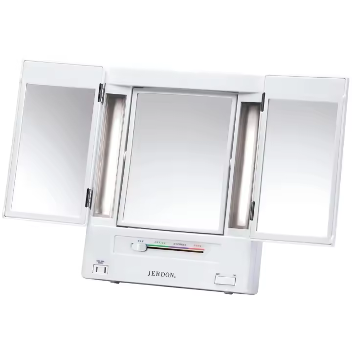 JERDON Espejo de tocador con luces de maquillaje de dos caras y triple pliegue con aumento de 5X-1X y múltiples configuraciones de luz Blanco - Modelo JGL9W - 1