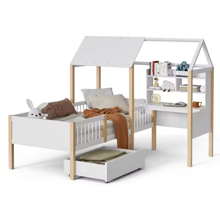 Cama de Niños de Madera Sólida Protección de Caída, Marco de Almohadilla, Escritorio en Forma de L, Estante de Libros con Tirantes, Cajones con Patas - 1