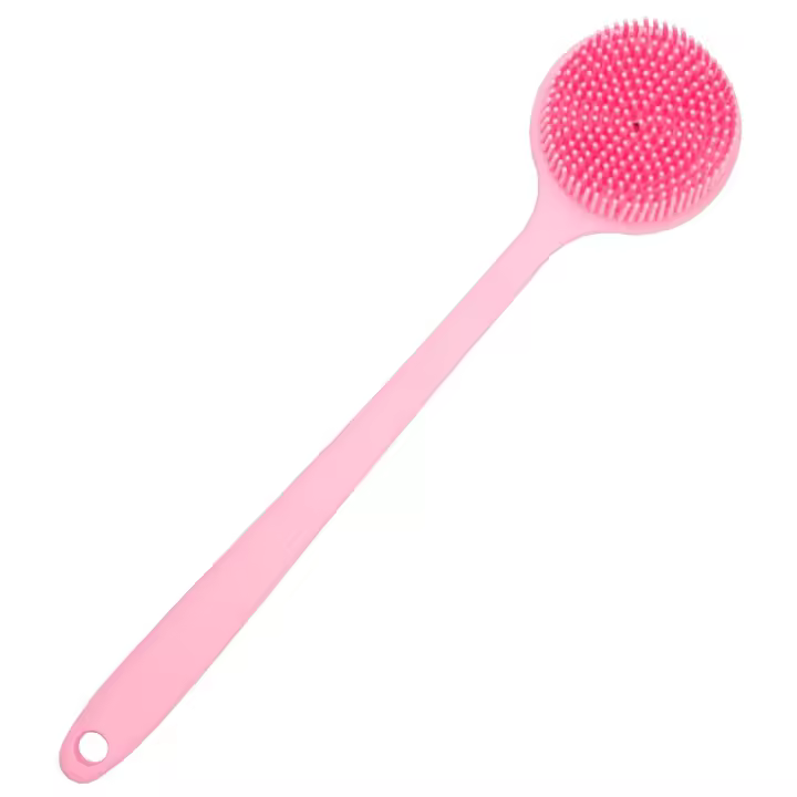 Depurador de espalda de silicona suave, cepillo corporal de baño de ducha con mango largo, Rosa - 1