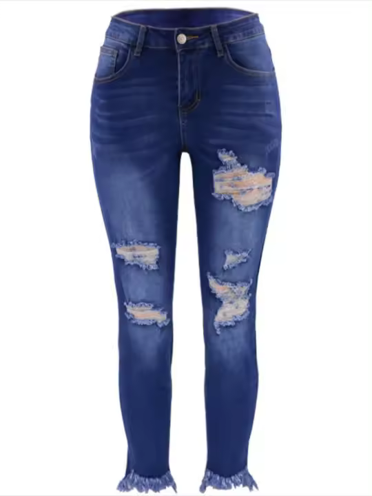 Pantalones vaqueros ajustados de cintura alta para mujer Pantalones vaqueros de estilo coreano con agujeros - 1